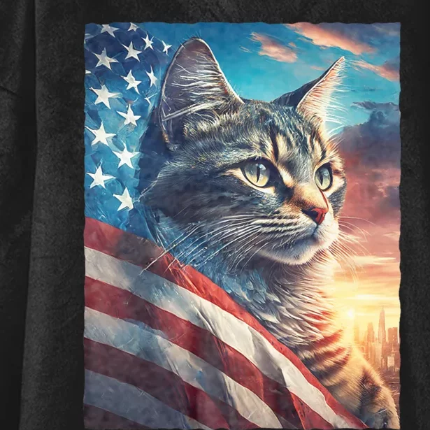 Patriotic Cat With Us Flag 4th Of July Hooded Wearable Blanket