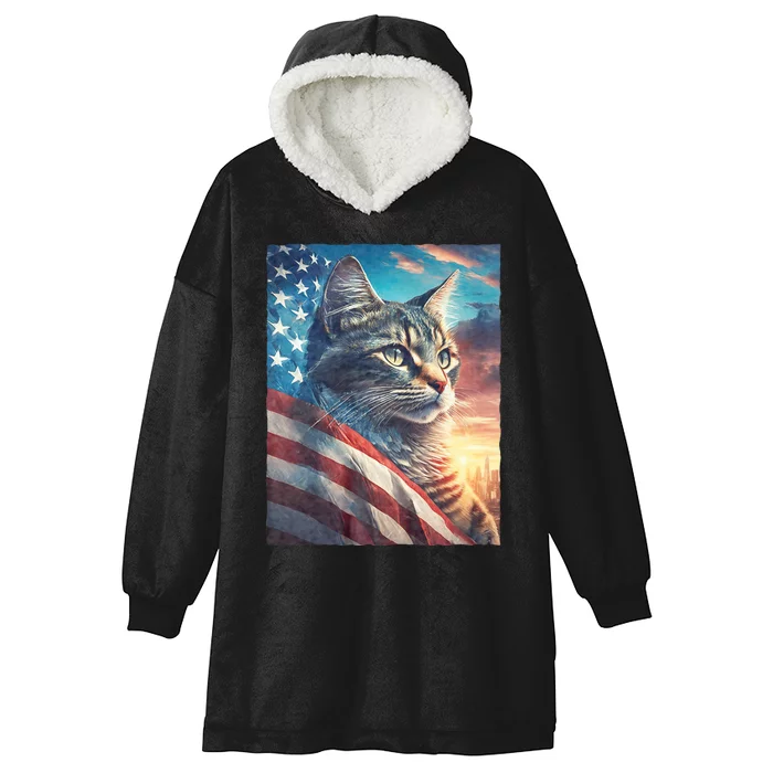 Patriotic Cat With Us Flag 4th Of July Hooded Wearable Blanket