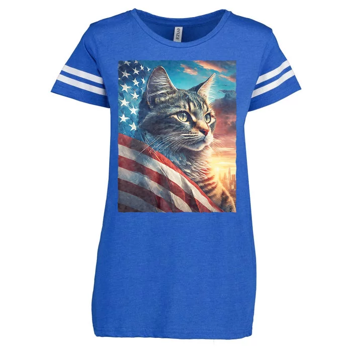 Patriotic Cat With Us Flag 4th Of July Enza Ladies Jersey Football T-Shirt