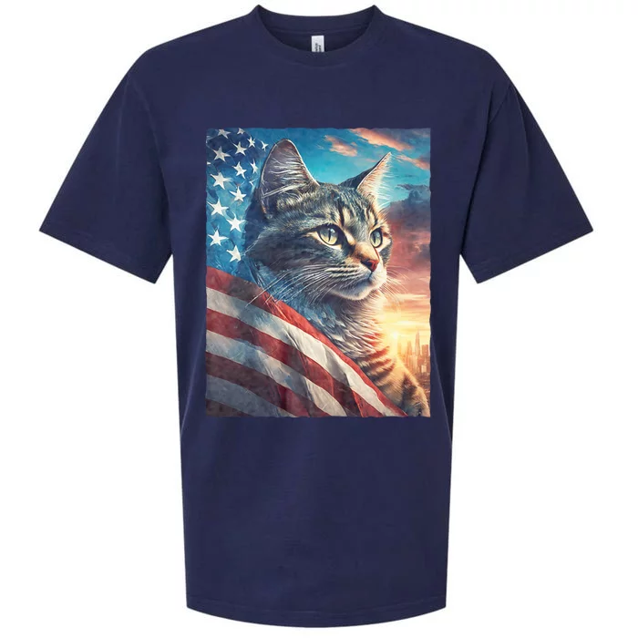 Patriotic Cat With Us Flag 4th Of July Sueded Cloud Jersey T-Shirt