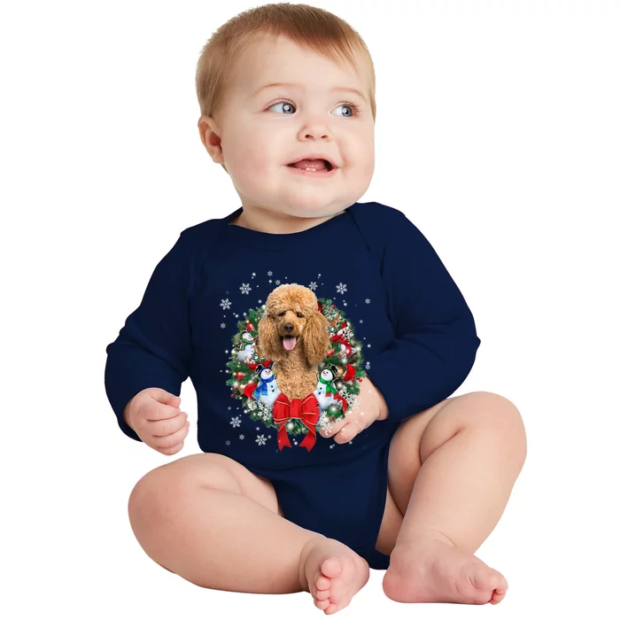 Poodle Christmas Wreath Ornat Decoration Dog Xmas Pajama Gift Baby Long Sleeve Bodysuit