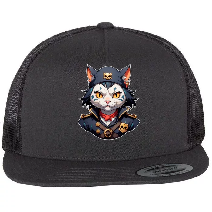 Pirate Cat With Bandana Flat Bill Trucker Hat