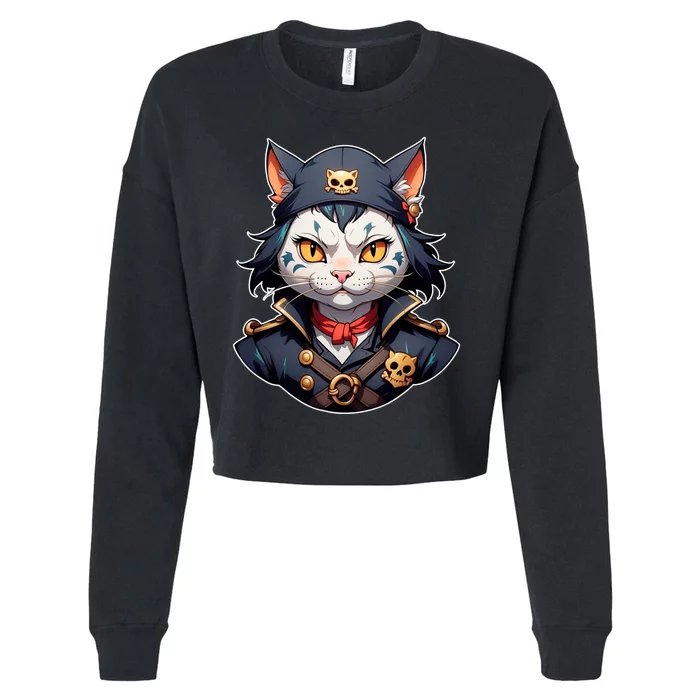 Pirate Cat With Bandana Cropped Pullover Crew