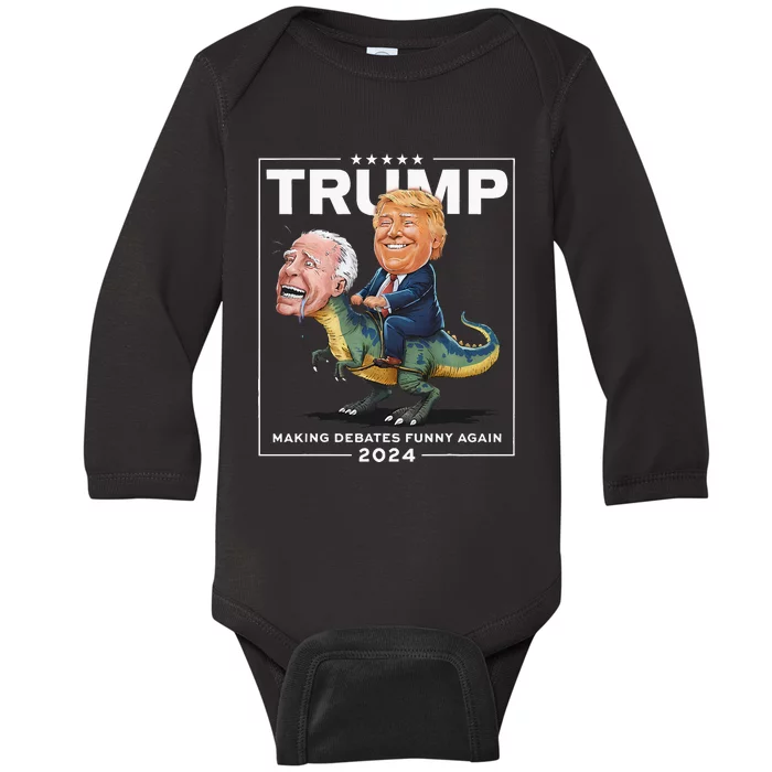 Presidential Debates 2024 Trump Riding Dinosaur F Joe Biden Baby Long Sleeve Bodysuit