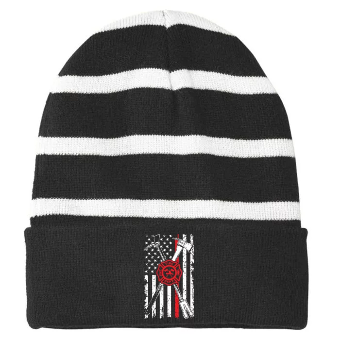 Patriotic Design Axe Halligan Thin Line Red Firefighter Striped Beanie with Solid Band