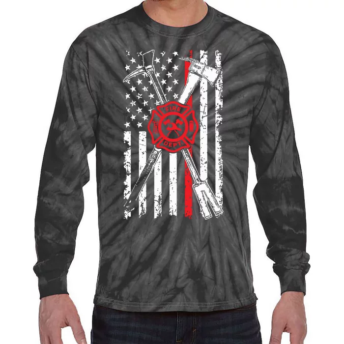 Patriotic Design Axe Halligan Thin Line Red Firefighter Tie-Dye Long Sleeve Shirt