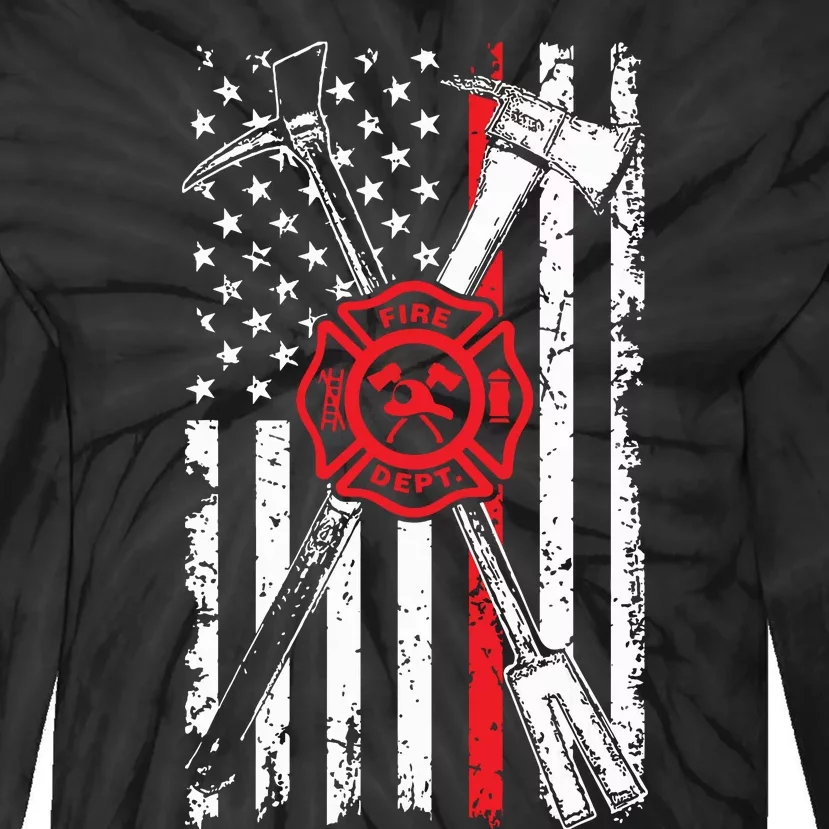 Patriotic Design Axe Halligan Thin Line Red Firefighter Tie-Dye Long Sleeve Shirt