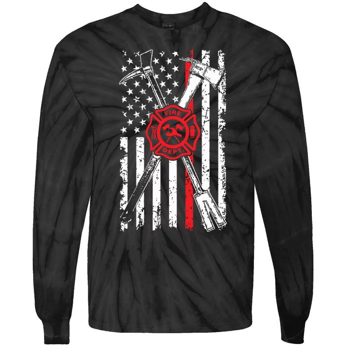 Patriotic Design Axe Halligan Thin Line Red Firefighter Tie-Dye Long Sleeve Shirt