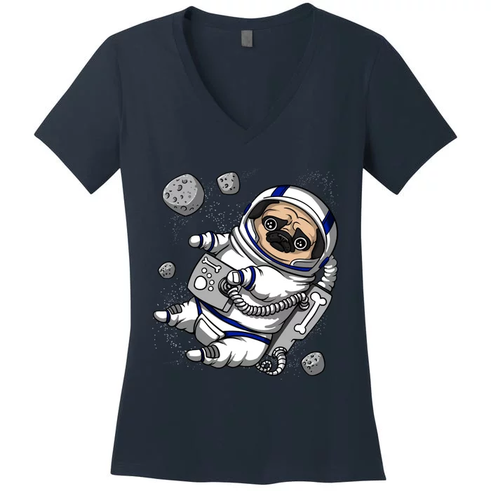 Pug Dog Astronaut Funny Space Cosmic Girl Boy Women's V-Neck T-Shirt