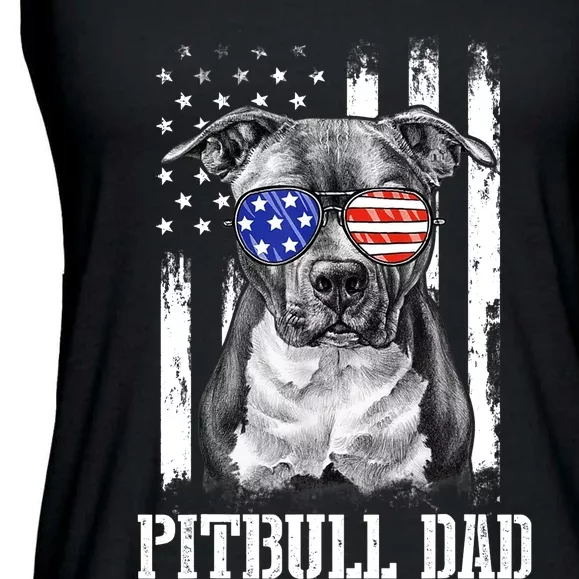 Pitbull Dad American Flag 4th Of July Dog Father's Days Ladies Essential Flowy Tank