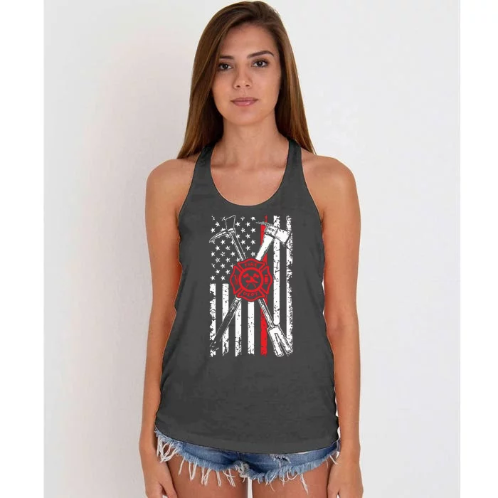 Patriotic Design Axe Halligan Thin Line Red Firefighter Women's Knotted Racerback Tank