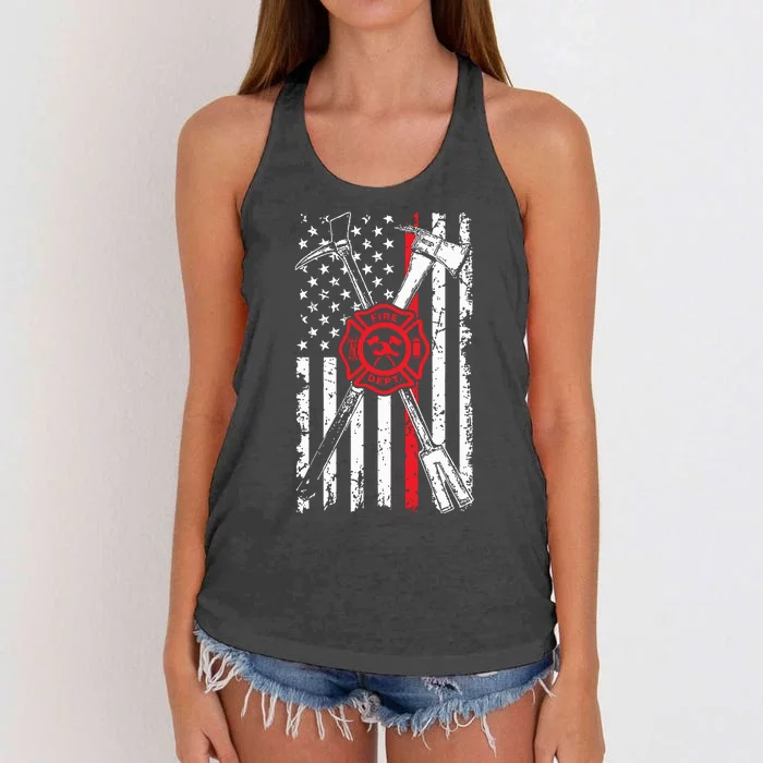 Patriotic Design Axe Halligan Thin Line Red Firefighter Women's Knotted Racerback Tank