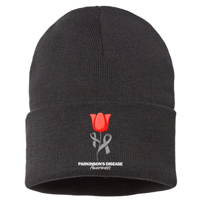 ParkinsonS Disease Awareness April Month Red Tulip Sustainable Knit Beanie