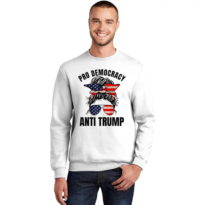 Pro Democracy Anti Trump Messy Bun American Flag Women Sweatshirt