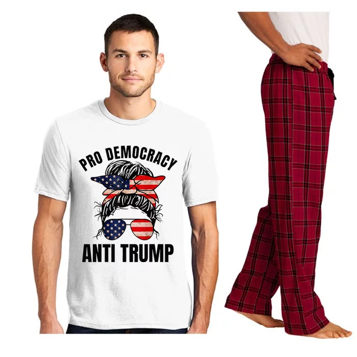 Pro Democracy Anti Trump Messy Bun American Flag Women Pajama Set