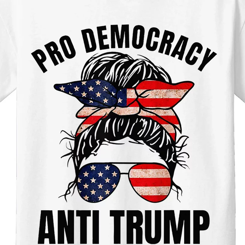 Pro Democracy Anti Trump Messy Bun American Flag Women Kids T-Shirt