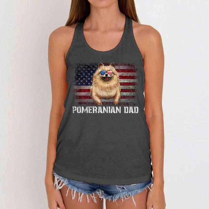 Pomeranian Dad American Pomeranian Dog US Flag 4th Of July Women's Knotted Racerback Tank