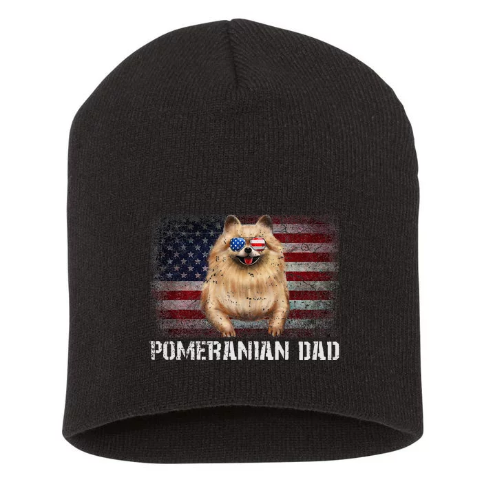 Pomeranian Dad American Pomeranian Dog US Flag 4th Of July Short Acrylic Beanie