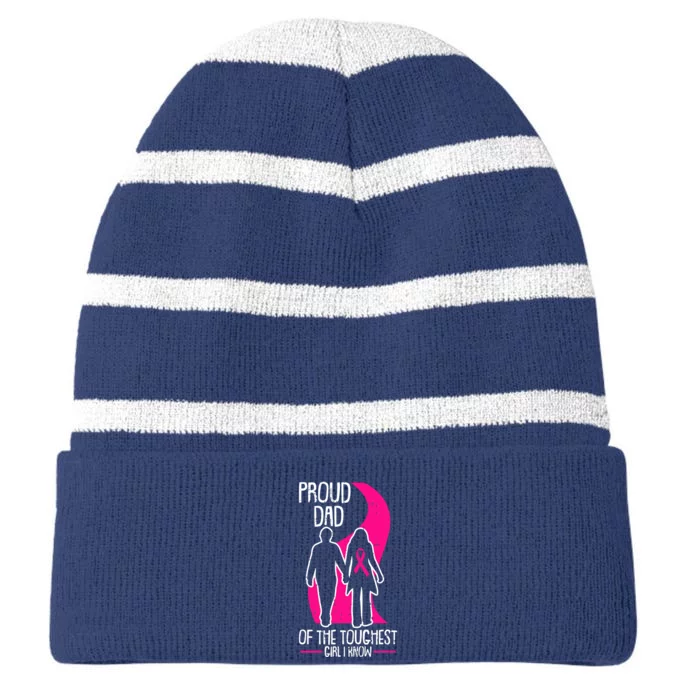 Proud Dad Breast Cancer Awareness Pink Ribbon Girl Warrior Striped Beanie with Solid Band