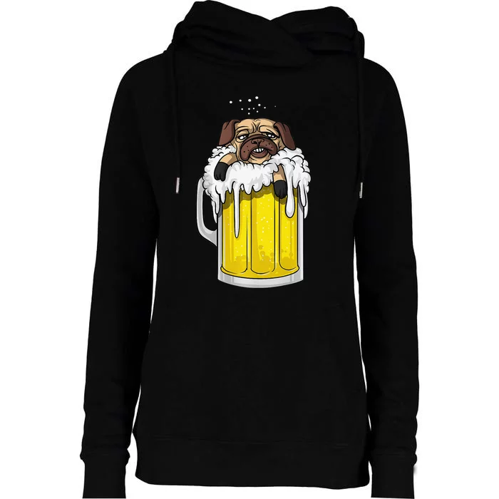 Pug Dog Beer Drinking Party Funny Womens Funnel Neck Pullover Hood