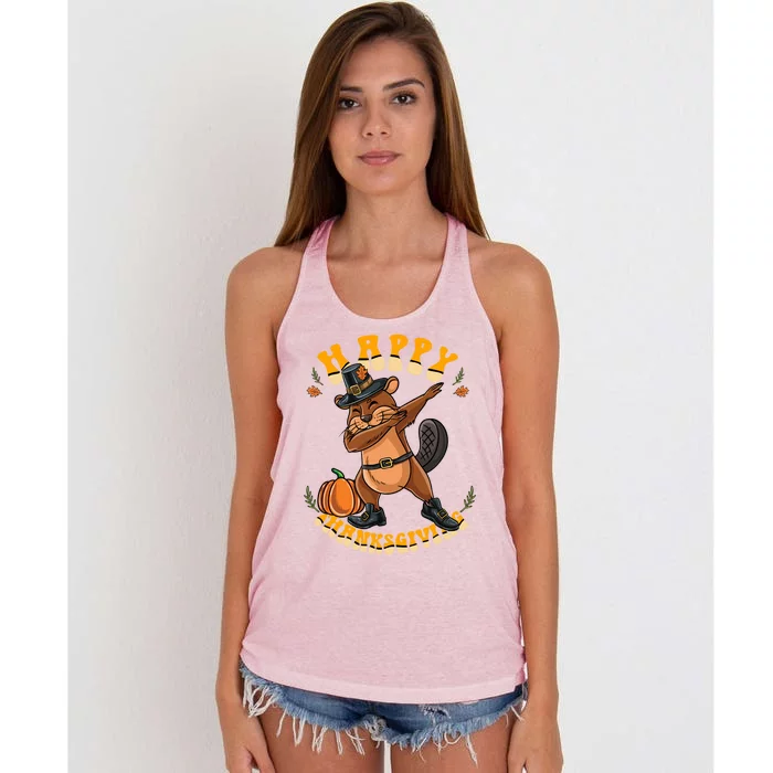 Pilgrim Dabbing Beaver Happy Thanksgiving Gift Women's Knotted Racerback Tank