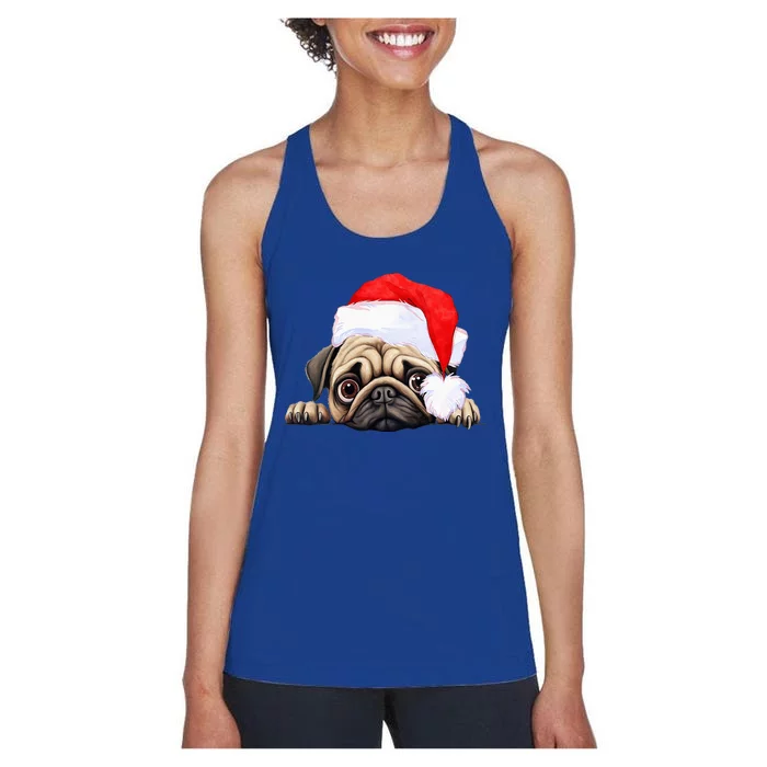 Pug Dog Christmas New Years Santa Claus Hat VNeck Women's Racerback Tank