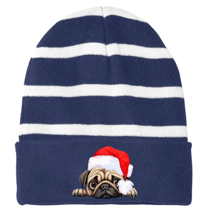 Pug Dog Christmas New Years Santa Claus Hat VNeck Striped Beanie with Solid Band