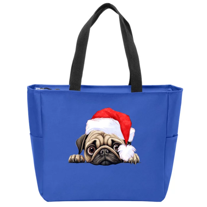 Pug Dog Christmas New Years Santa Claus Hat Funny Gift Zip Tote Bag