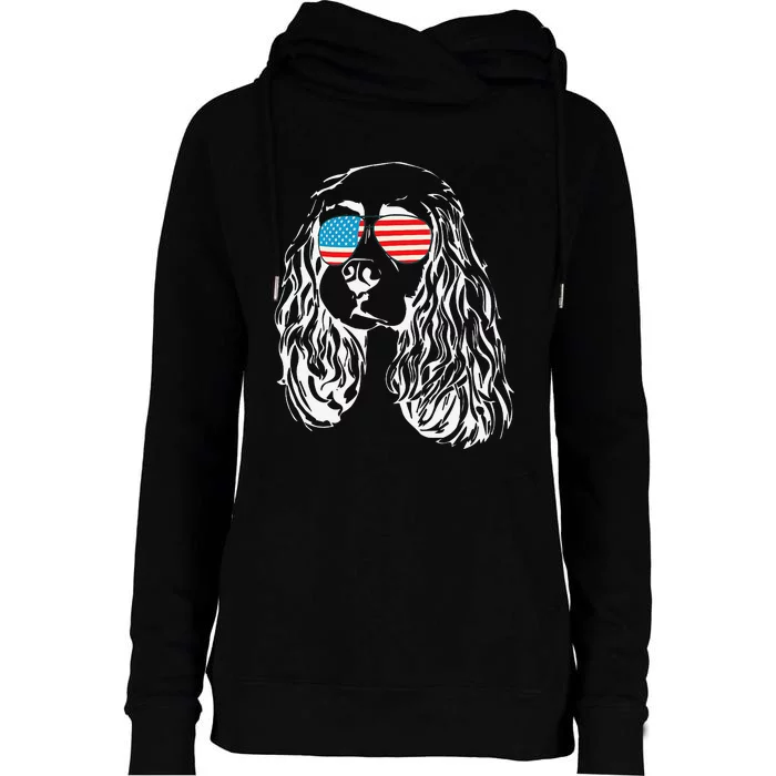 Patriotic Dog Cocker Spaniel USA American Flag Tee Womens Funnel Neck Pullover Hood