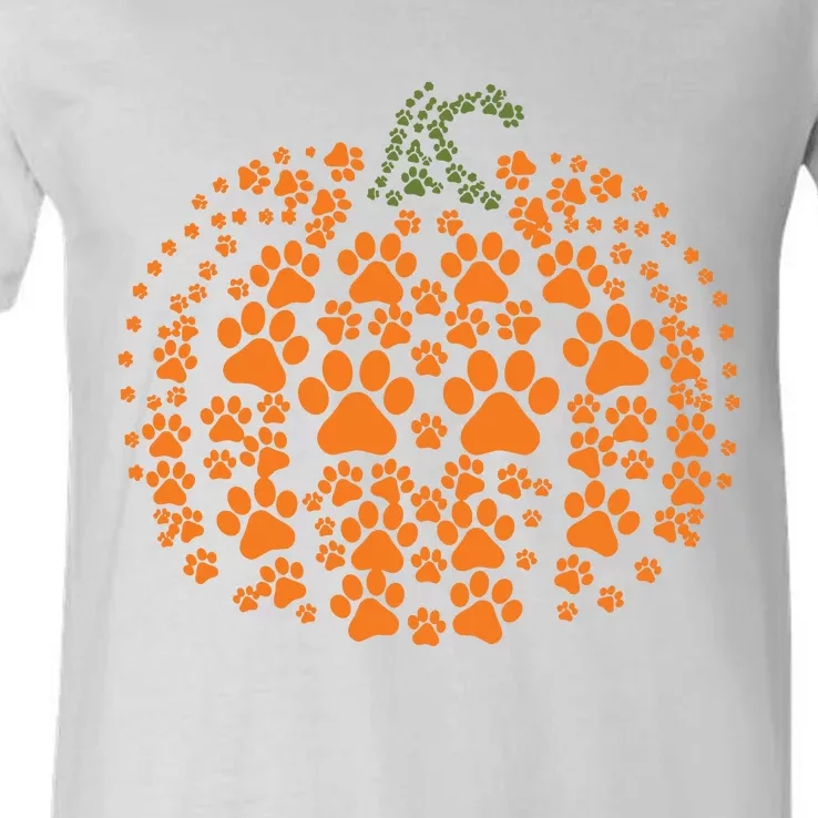 Pumpkin Dog Cat Paw Print Halloween Pet Lover Long Sleeve V-Neck T-Shirt