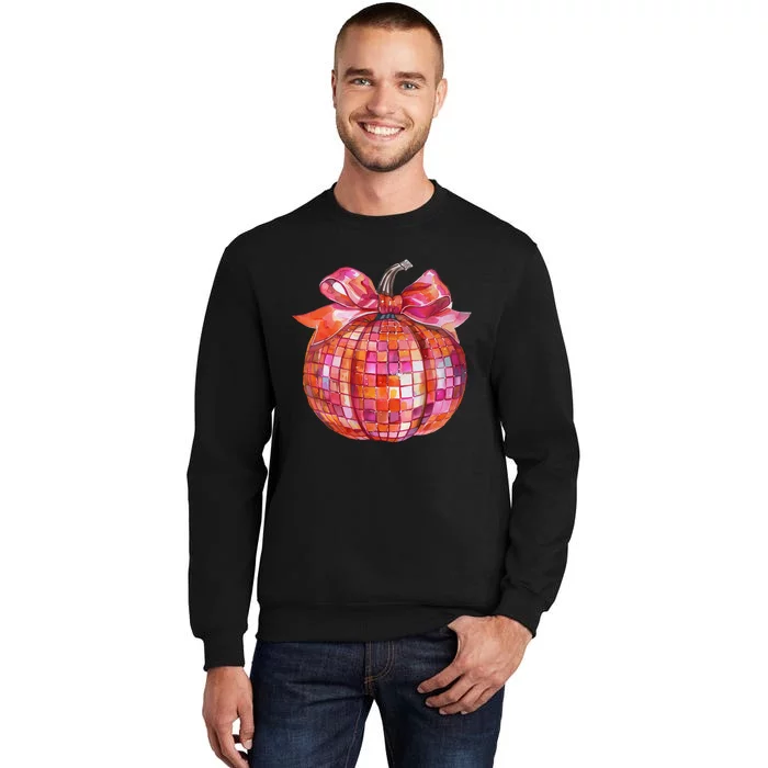 Pumpkin Disco Coquette Bow Fall Autumn Halloween Costume Gift Tall Sweatshirt