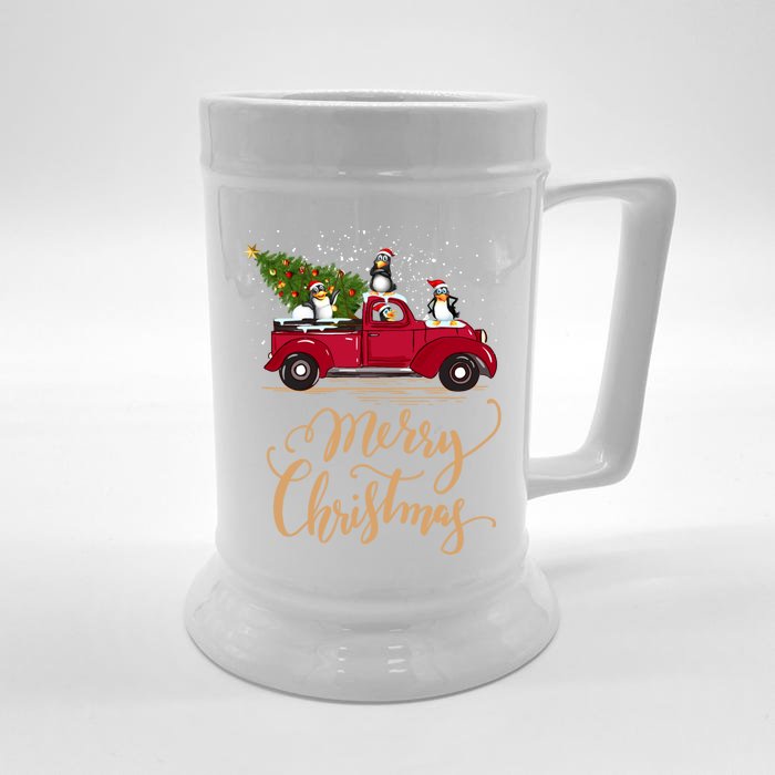 Penguin Driving Christmas Tree Red Truck Penguin Christmas Cute Gift Front & Back Beer Stein