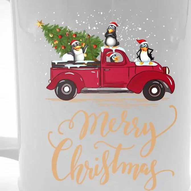 Penguin Driving Christmas Tree Red Truck Penguin Christmas Cute Gift Front & Back Beer Stein