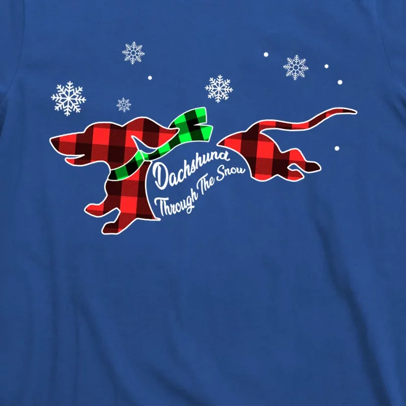 Plaid Dachshund Dog Through Snow Dog Lovers Merry Christmas Gift T-Shirt