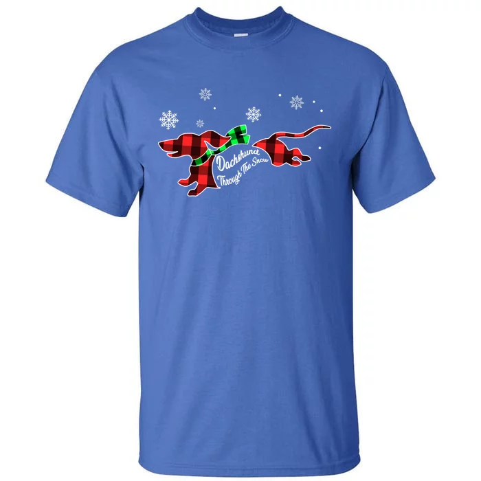 Plaid Dachshund Dog Through Snow Dog Lovers Merry Christmas Gift Tall T-Shirt