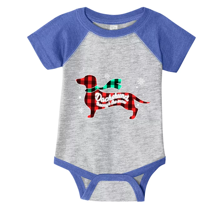 Plaid Dachshund Dog Through Snow Dog Lovers Merry Christmas Gift Infant Baby Jersey Bodysuit