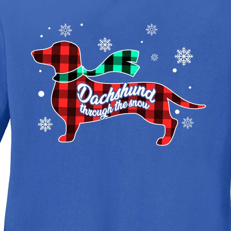 Plaid Dachshund Dog Through Snow Dog Lovers Merry Christmas Gift Ladies Long Sleeve Shirt