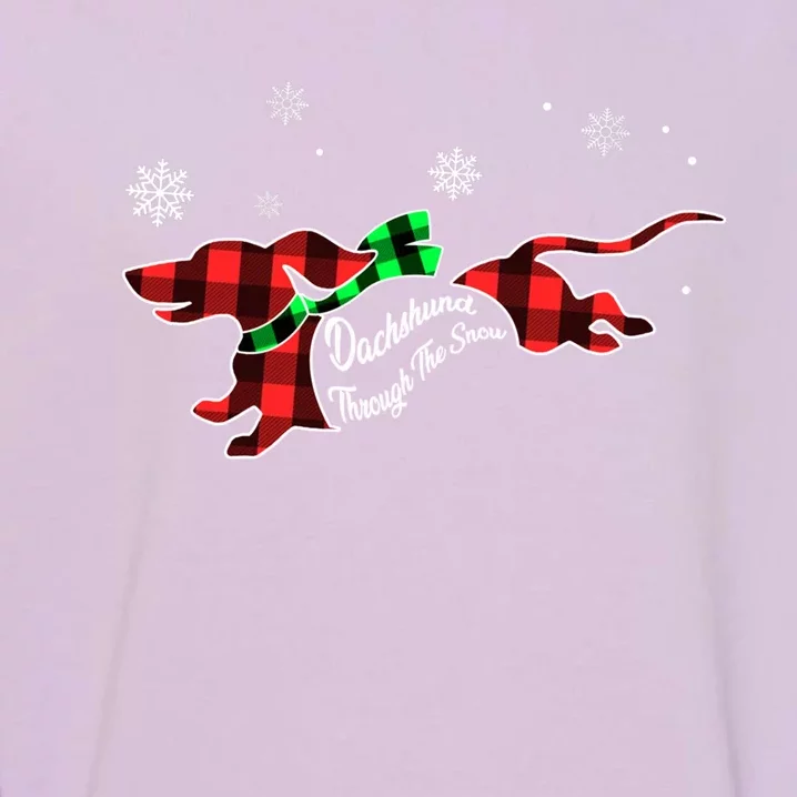 Plaid Dachshund Dog Through Snow Dog Lovers Merry Christmas Cute Gift Garment-Dyed Sweatshirt