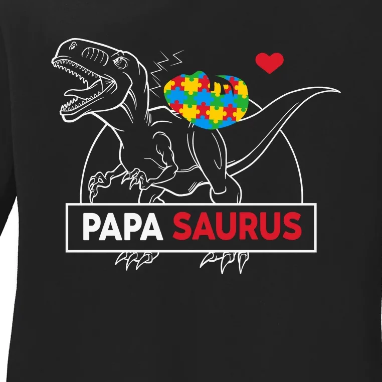 Papasaurus Dinosaur Dad Autism Awareness Father's Day Ladies Long Sleeve Shirt