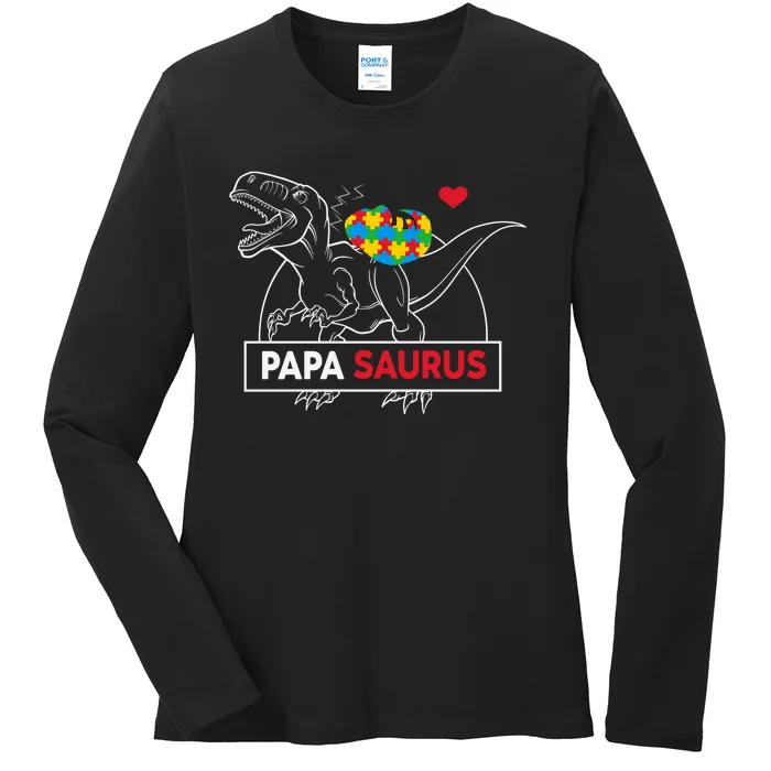 Papasaurus Dinosaur Dad Autism Awareness Father's Day Ladies Long Sleeve Shirt