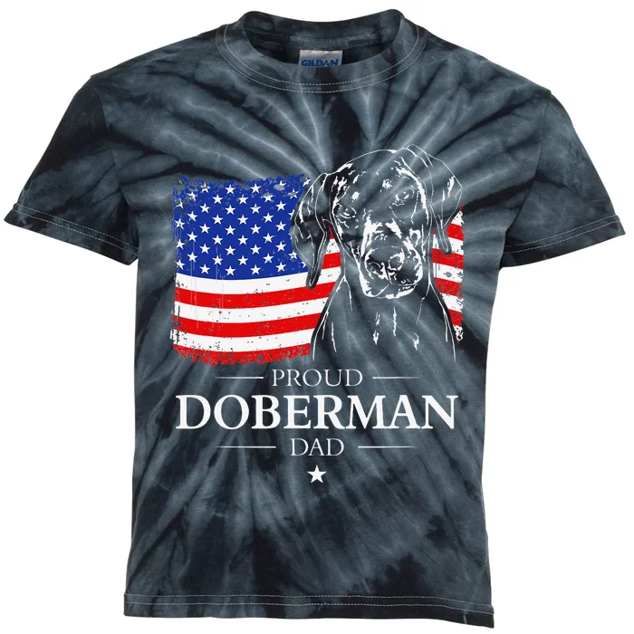 Proud Doberman Dad American Flag patriotic gift Dobie dog Kids Tie-Dye T-Shirt