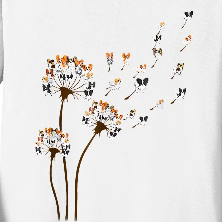 Papillon Dogs Flower Fly Dandelion Dog Mama Dog Lover Kids Long Sleeve Shirt