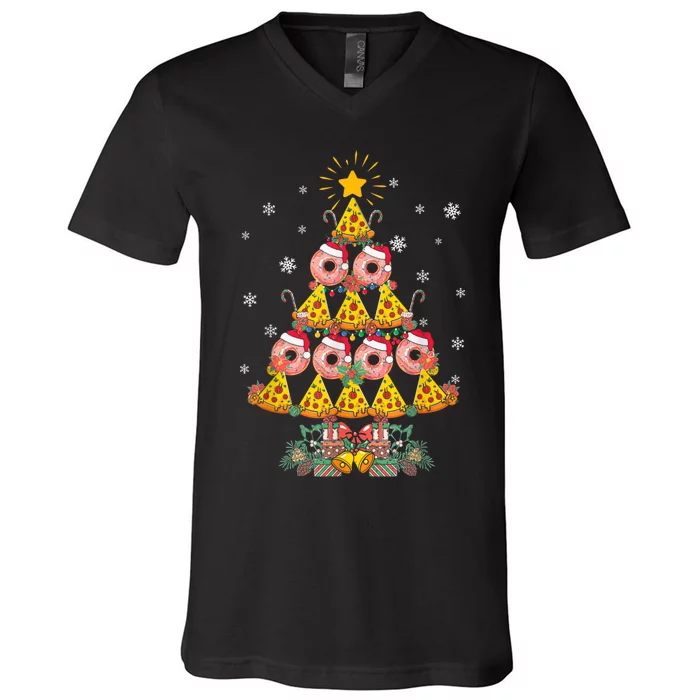 Pizza & Donut Funny Christmas Tree Merry Xmas Crustmas Light V-Neck T-Shirt