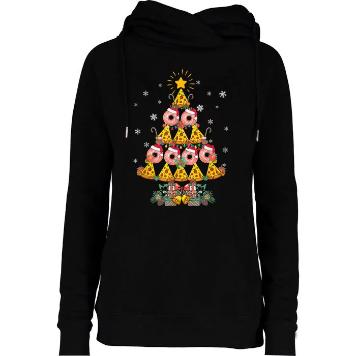 Pizza & Donut Funny Christmas Tree Merry Xmas Crustmas Light Womens Funnel Neck Pullover Hood