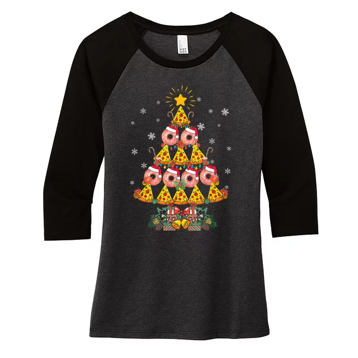 Pizza & Donut Funny Christmas Tree Merry Xmas Crustmas Light Women's Tri-Blend 3/4-Sleeve Raglan Shirt