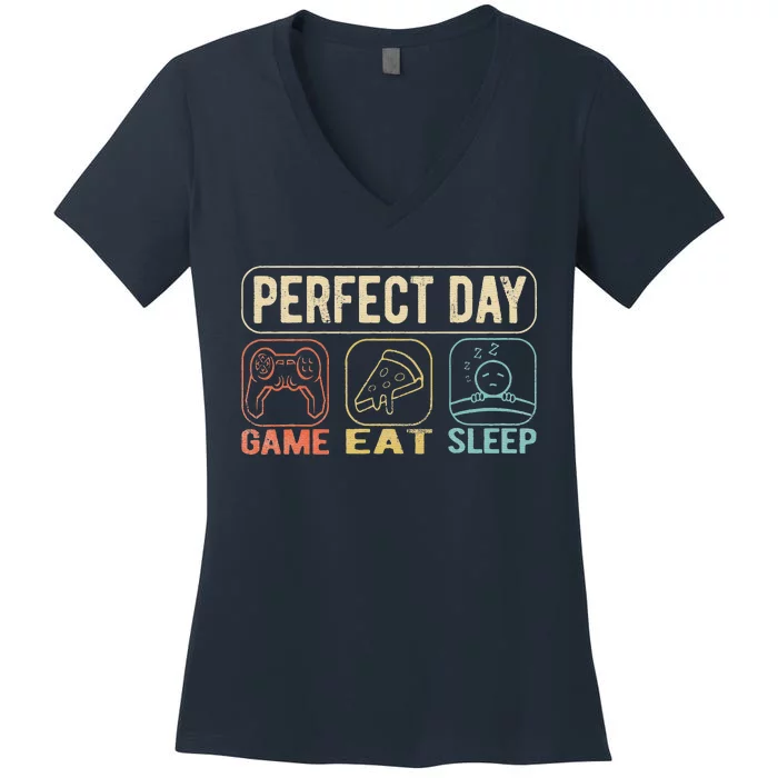 Perfect Day Game Eat Sleep Retro Color Funny Women's V-Neck T-Shirt