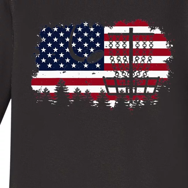 Patriotic Disc Golf Players Fathers Day Flag USA Disc Basket Baby Long Sleeve Bodysuit