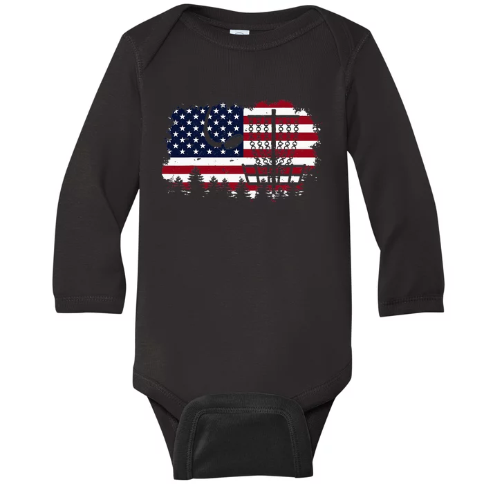 Patriotic Disc Golf Players Fathers Day Flag USA Disc Basket Baby Long Sleeve Bodysuit