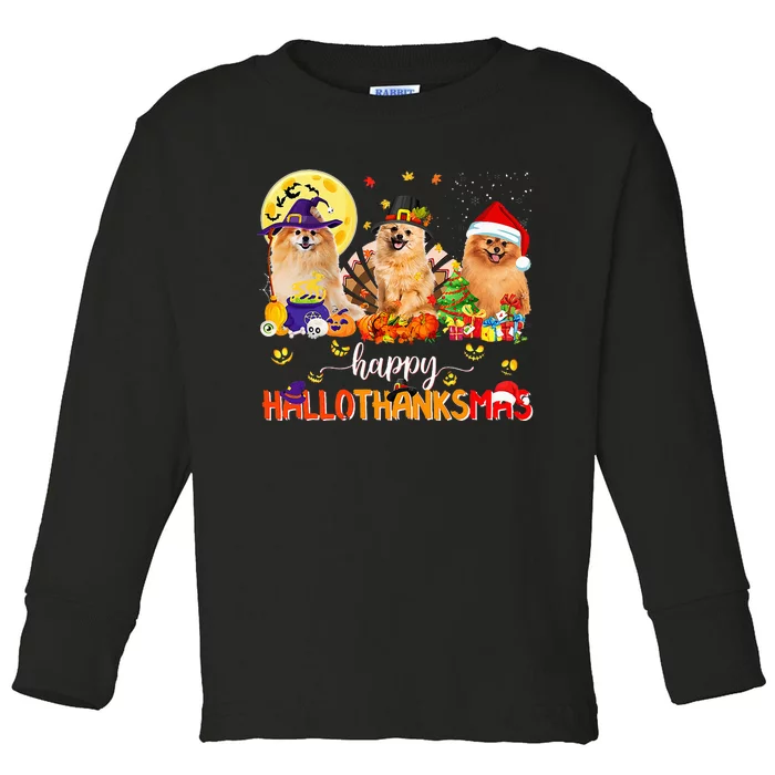 Pomeranian Dog Halloween Thanksgiving Happy Hallothanksmas Toddler Long Sleeve Shirt