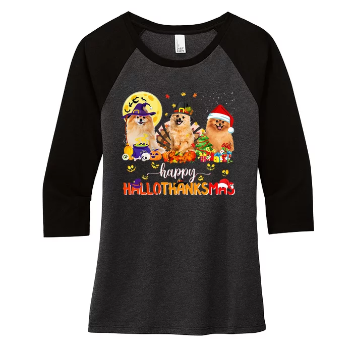 Pomeranian Dog Halloween Thanksgiving Happy Hallothanksmas Women's Tri-Blend 3/4-Sleeve Raglan Shirt